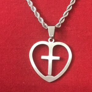 Valentines Heart Cross Silver Stainless Steel Rope Chain and Pendant NWT.